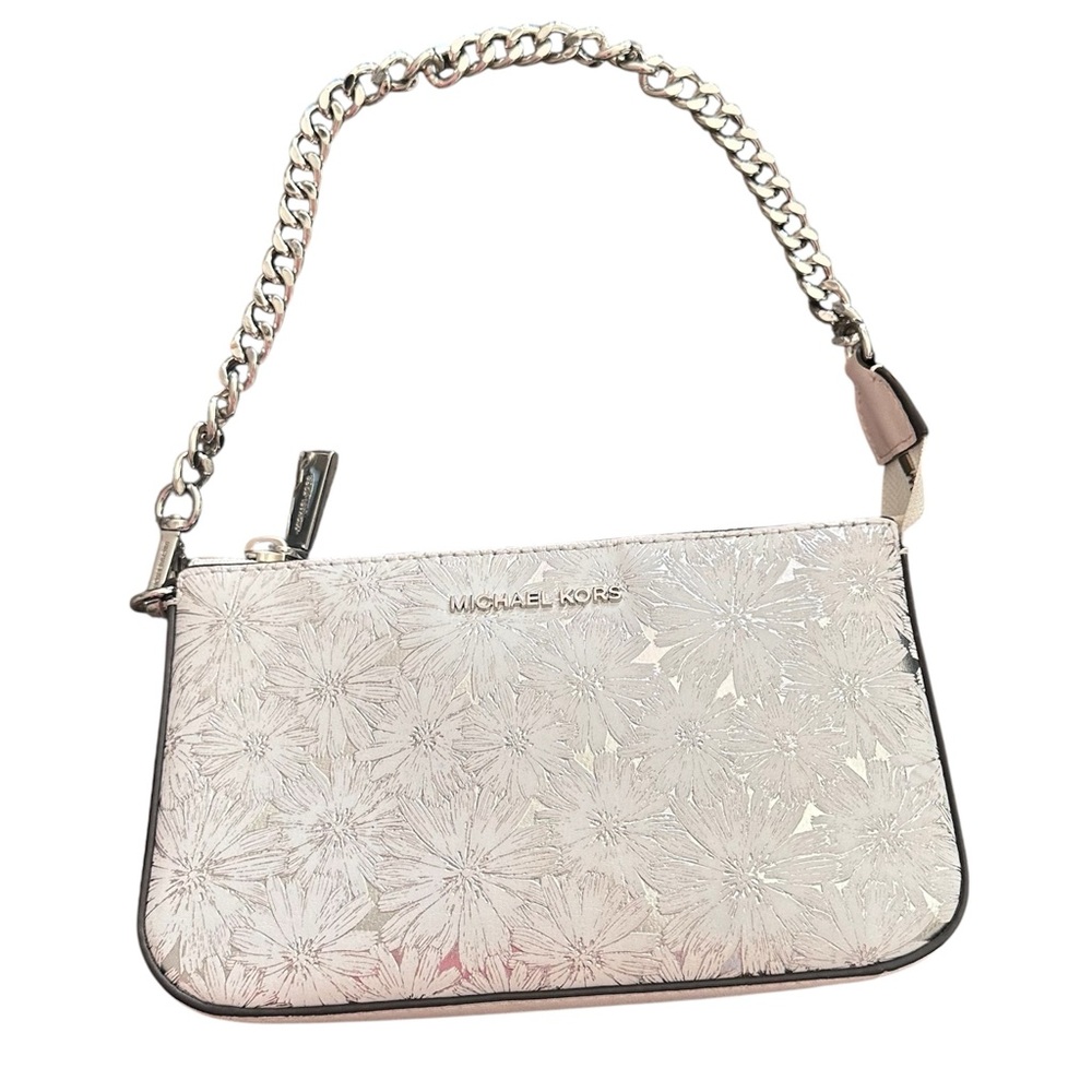 White & Silver Michael Kors Chain Pouchette in Metallic Floral Embossed Leather